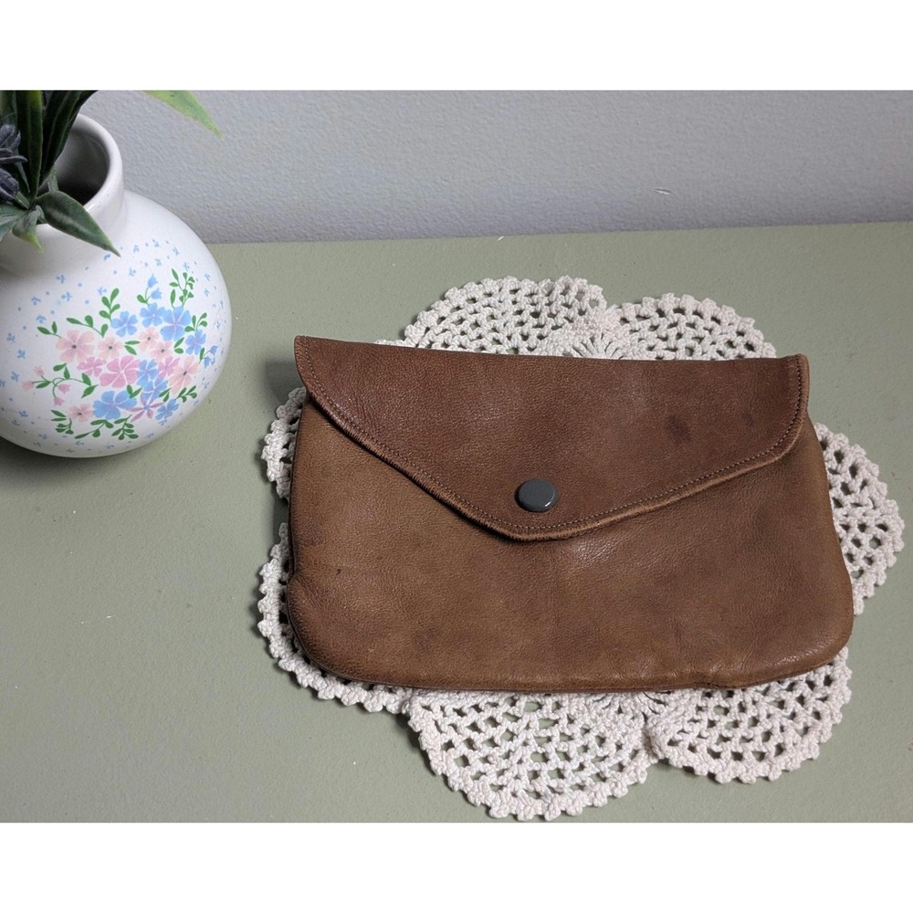 Vintage Brown Leather Pouch Clutch Distressed Patina Snap Closure
